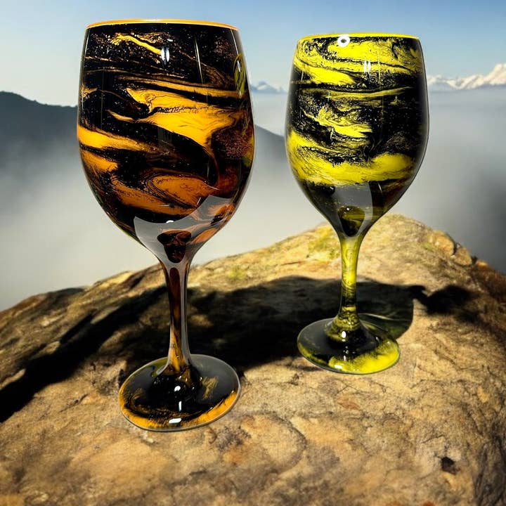 Whimsy and Willow - Wholesale Wine Glass - Orange and Black Swirl Wine Glasses and Drinkware-Handmade