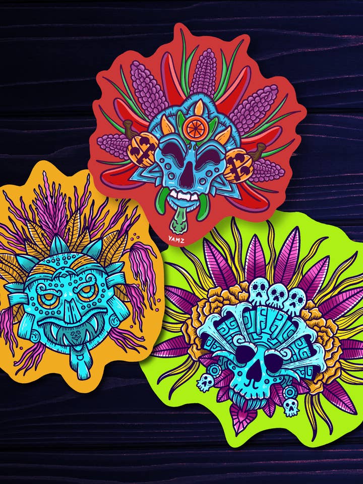 Meso American Veggie Mask Stickers for wholesale by YAMZ: World of Color