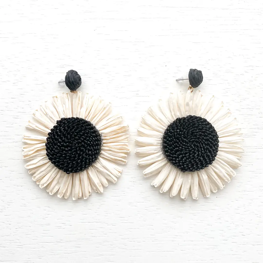 Nicholls Jewellery - Wholesale Dangle Earrings - Boho Woven Black and White Sunflower Earrings5