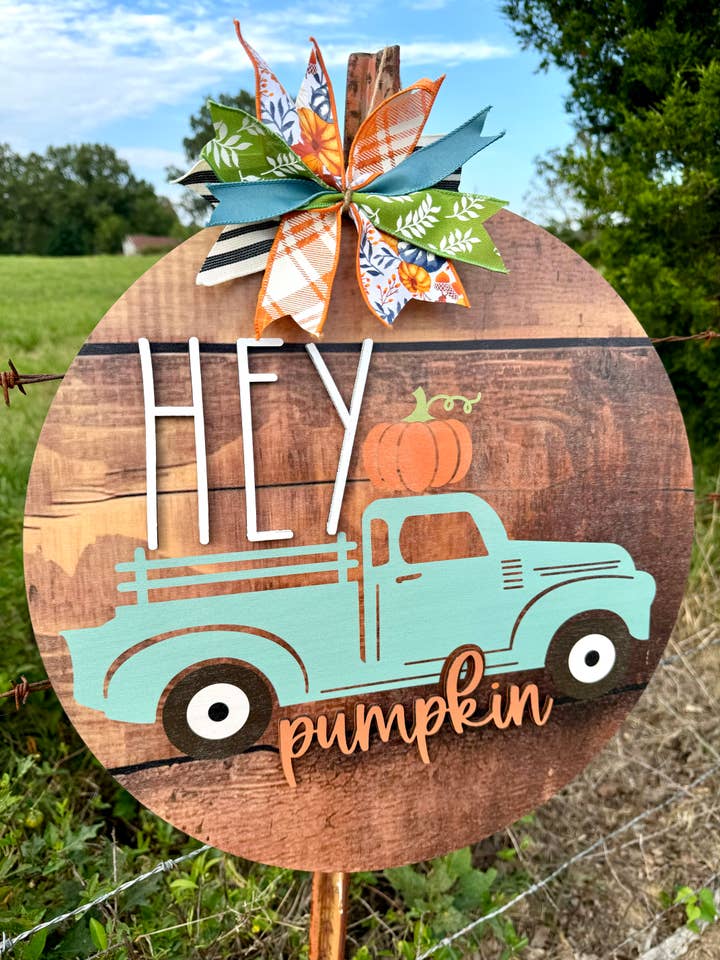Round Wooden Sign - 18" or 21.65" - Hey Pumpkin for wholesale by Whippoorwill Charm