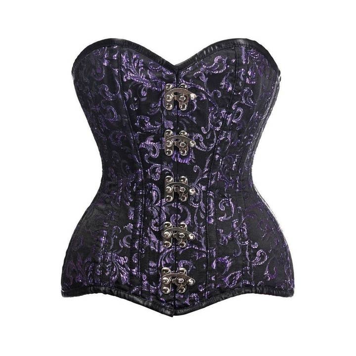 Top Drawer CURVY Black/Purple Brocade Double Steel Boned Overbust Corset for wholesale by Daisy Corsets