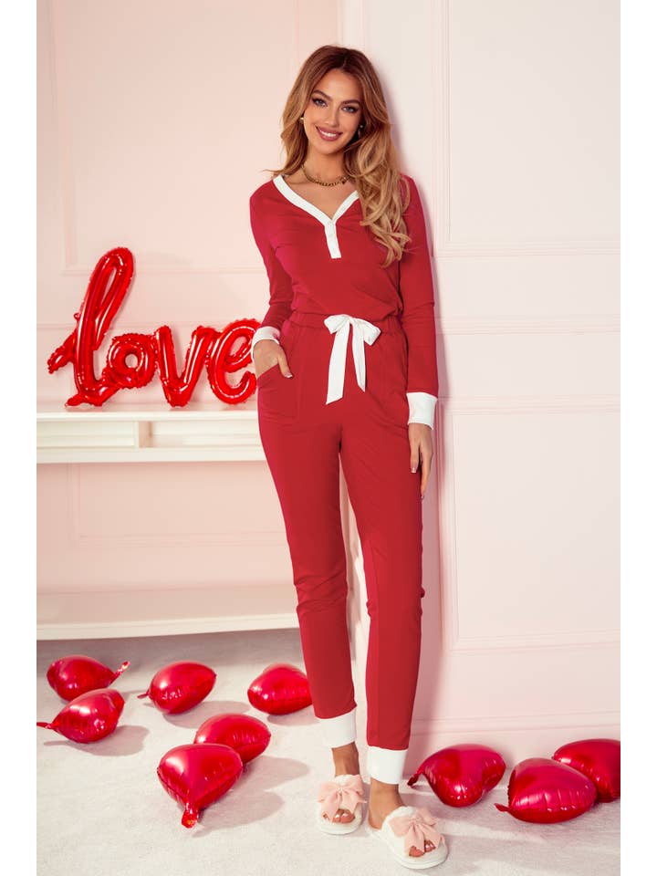 1 the Woman - Wholesale Lounge Set - Women's - Trim Button V Nek Ribbon Bow Knot Waist 2pcs Lounge Set2