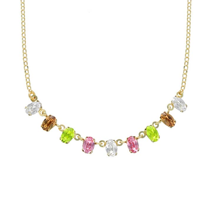 Alyssa short necklace with multicolor oval crystal in Silver for wholesale by Victoria Cruz
