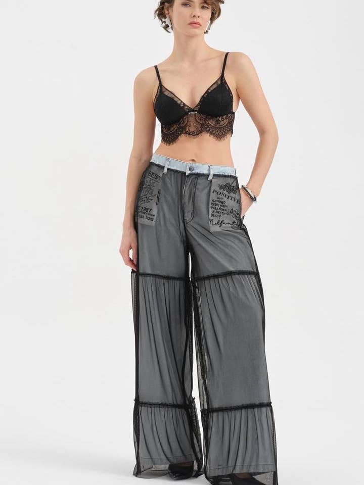 Lace Denim Pants - Mesh Overlay Trousers - Light Wash Jeans for wholesale by DesignofBoho