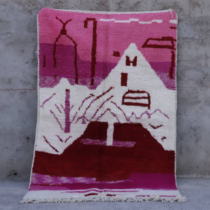 Tapis Marocain Abstrait Rose – Art en Laine Fait Main pour la vente par MUSMUSRUGS