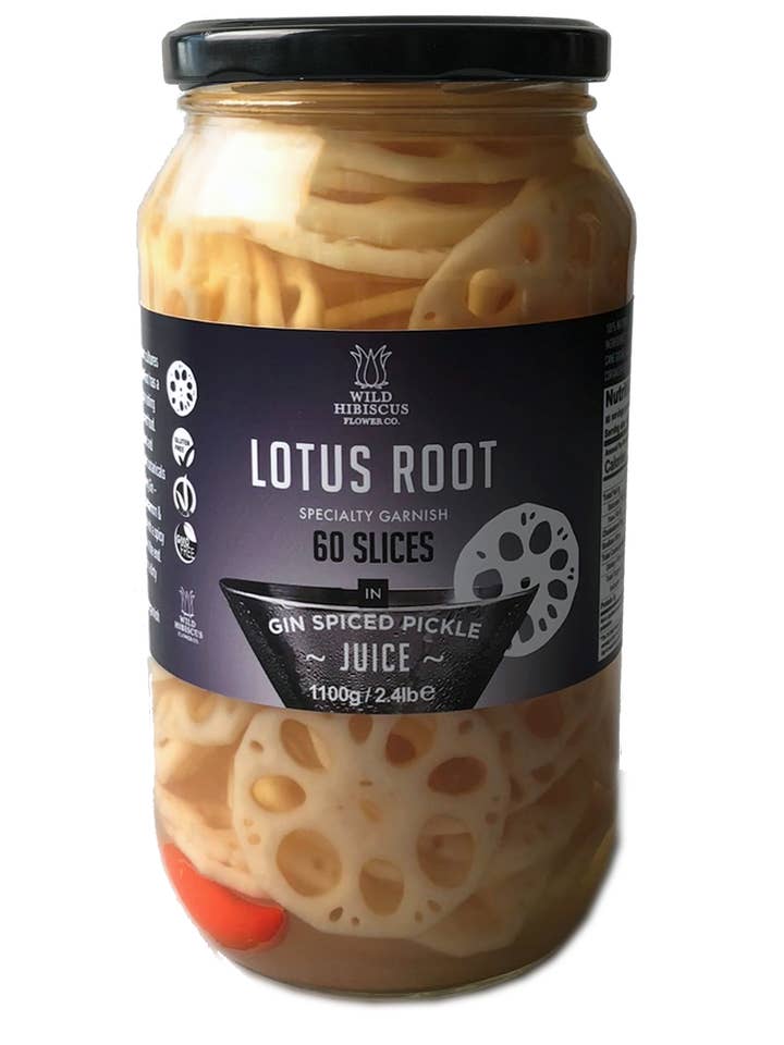 Lotus Slices in Gin Spice Pickle Juice for wholesale by Wild Hibiscus Flower Company