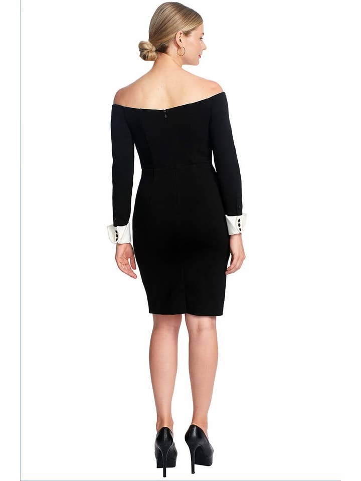 Simona Maghen - Wholesale Dress - Women's - Off-The-Shoulder Tuxedo Dress - Over-the-Knee Black & White Sheath Dress with Contrast Cuffs10