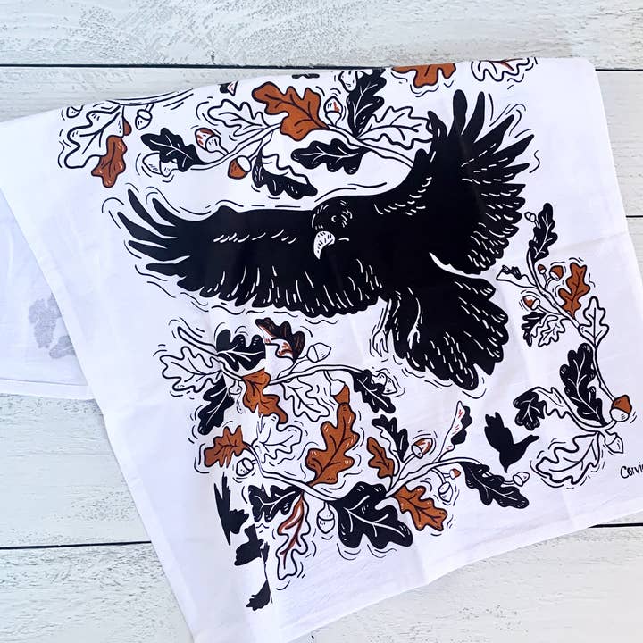 Corvidae drawings & designs - Wholesale Tea Towel - Crow + Oak Leaves Kitchen Tea Towel0