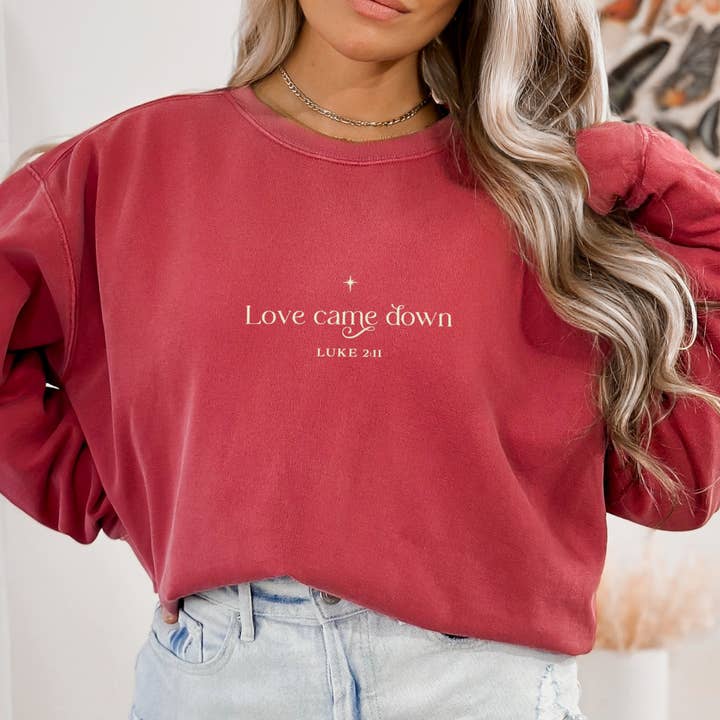 Scripted Pearl - Wholesale Sweatshirt - Women's - Love Came Down Embroidered Comfort Colors Christmas Crewneck0
