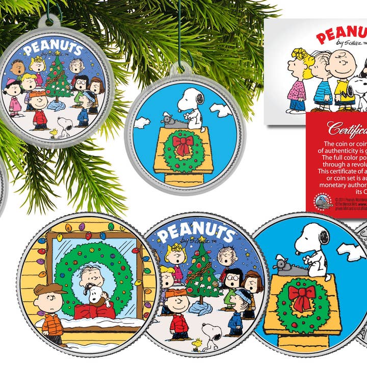 Peanuts Charlie Brown Xmas Kennedy Half Dollar Coins Christmas Tree Ornaments (Set Of 3) for wholesale by The Merrick Mint