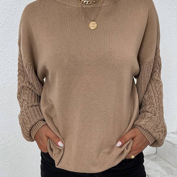 Pull à col rond en tricot torsadé à manches longues et couleur unie pour la vente par Plush Looks