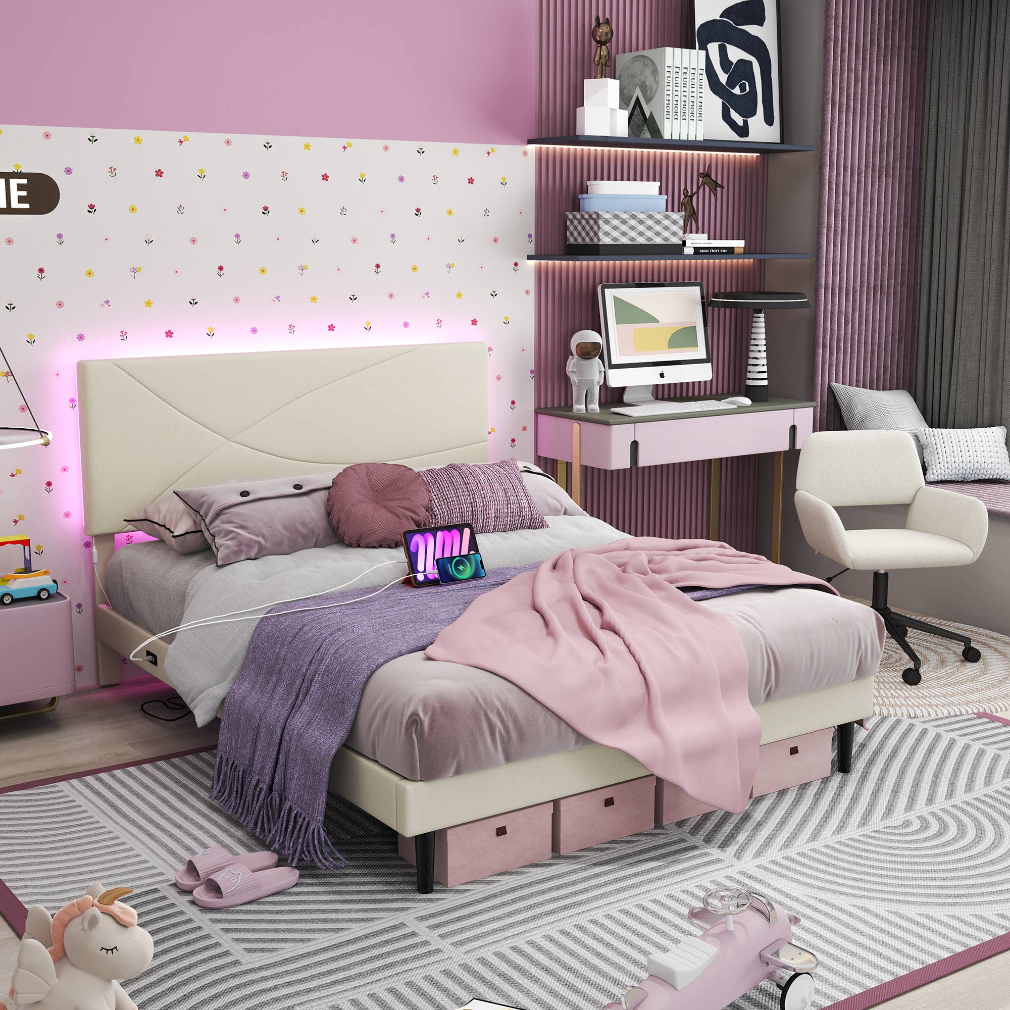 39F Inc. - Wholesale Bed - Queen Size Bed Frame with USB port & LED Headboard–Grey9