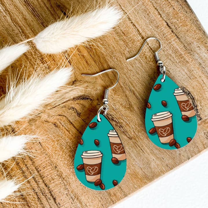 COFFEE TAKEOUT CUPS on TEAL print dangle teardrop earrings for wholesale by Eartherella Soap & Candle Co., LLC