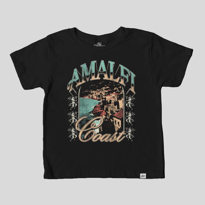 T-shirt per bambini della Costiera Amalfitana Tee nera con grafica per la vendita all'ingrosso da parte di Kid Dangerous
