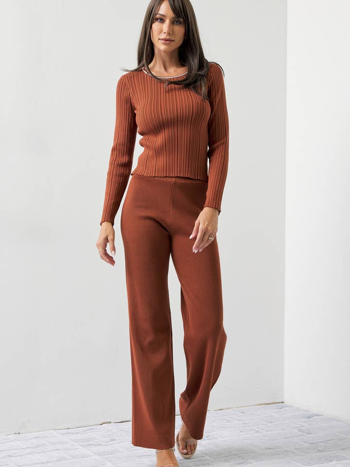 BROWN Oakley Ribbed Knit Long Sleeve & Pants Set for wholesale on Faire