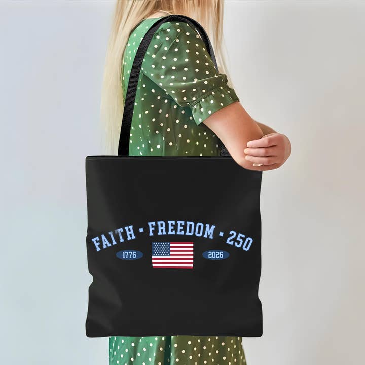 USA 250th Faith Freedom Semiquincentennial Tote Bag for wholesale by Vivtrek