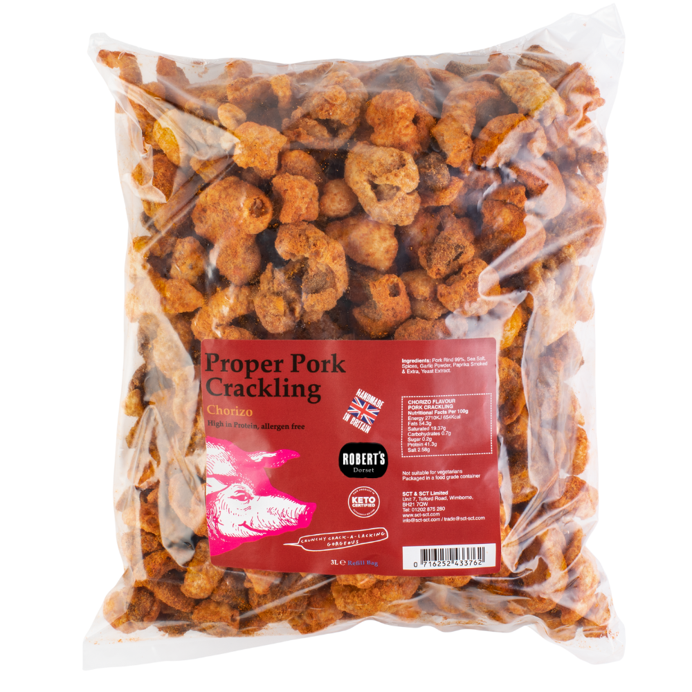 Robert’s Dorset – wholesale Puffed snack – Proper Pork Crackling 3L / 800g Refill Bag2