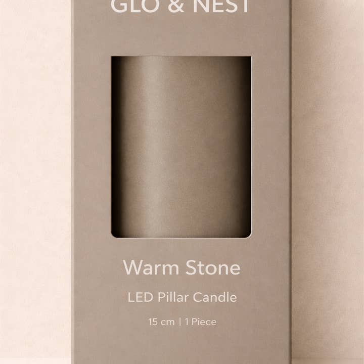 GLO & NEST - Wholesale Flameless Candle - GLO & NEST LED Pillar Candle 15cm – Warm Stone1