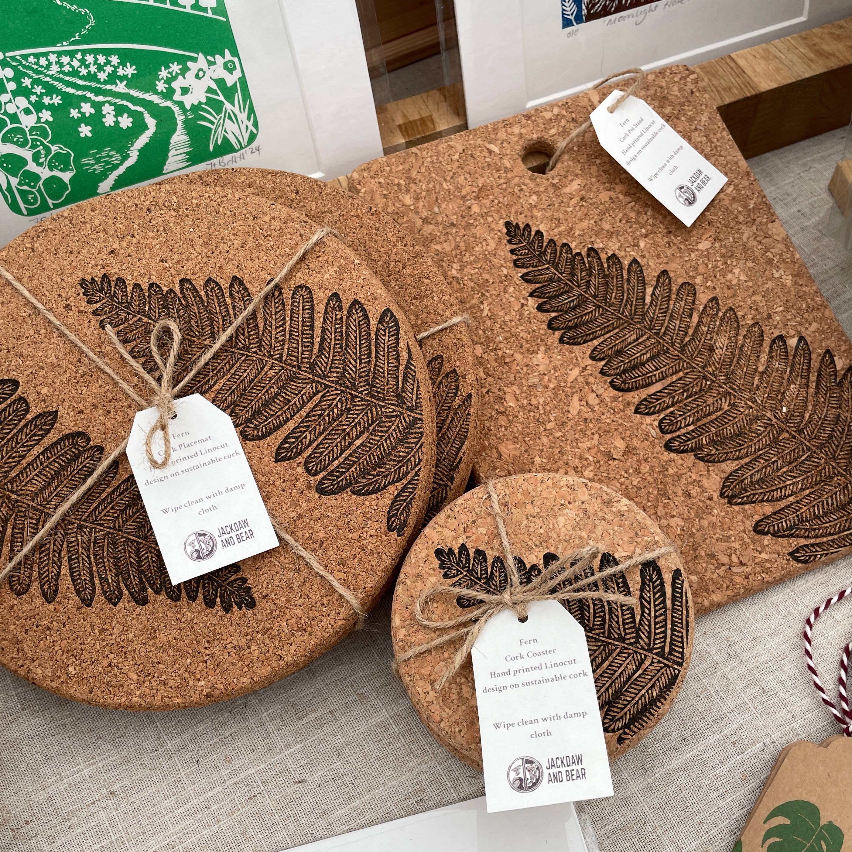 Jackdaw and Bear - Wholesale Trivet - Fern linocut Cork Pot stand / Trivet1