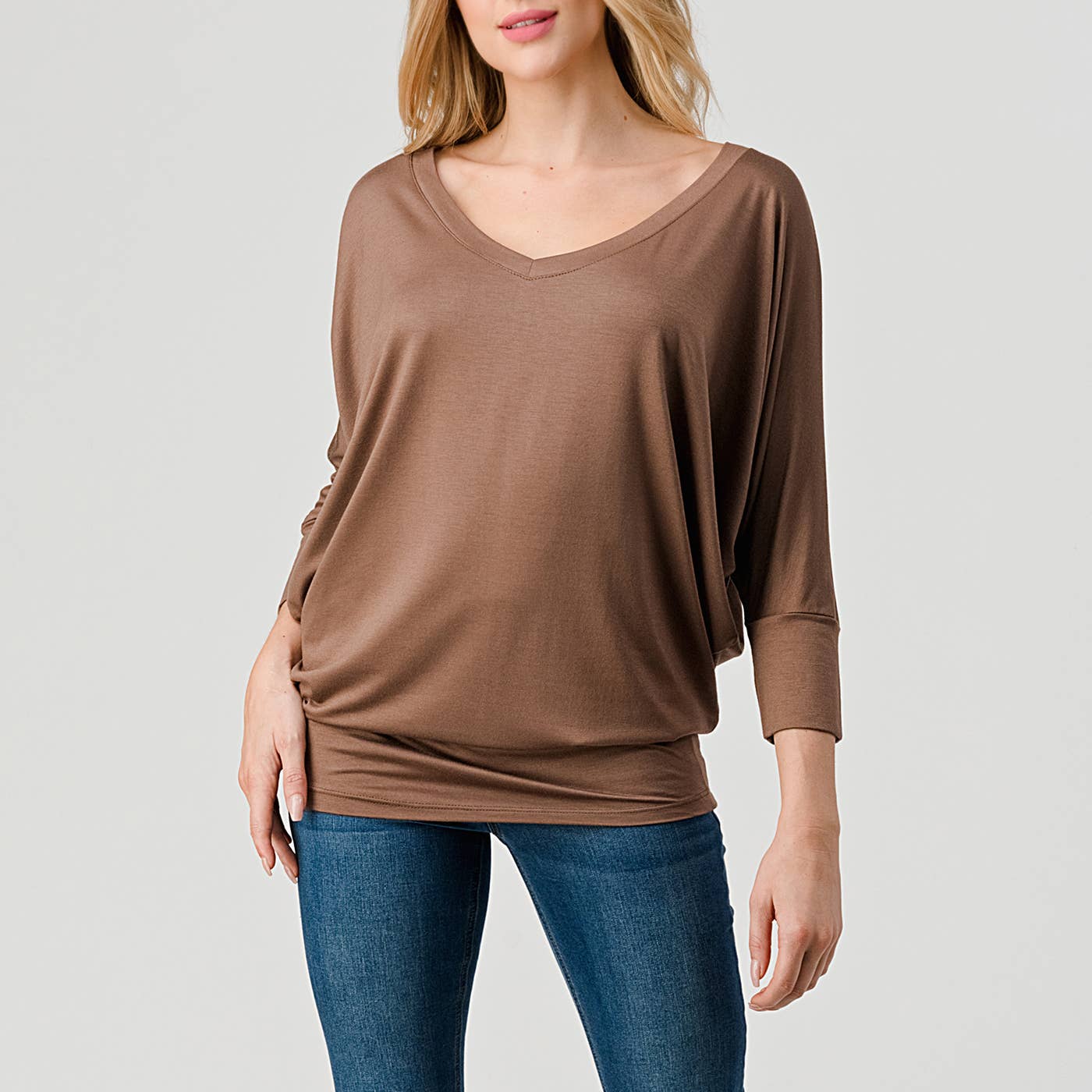 Heimious - Wholesale Knit Top - Women's - 3/4 Dolman Sleeve V-neck Modal Jersey Top, 257345
