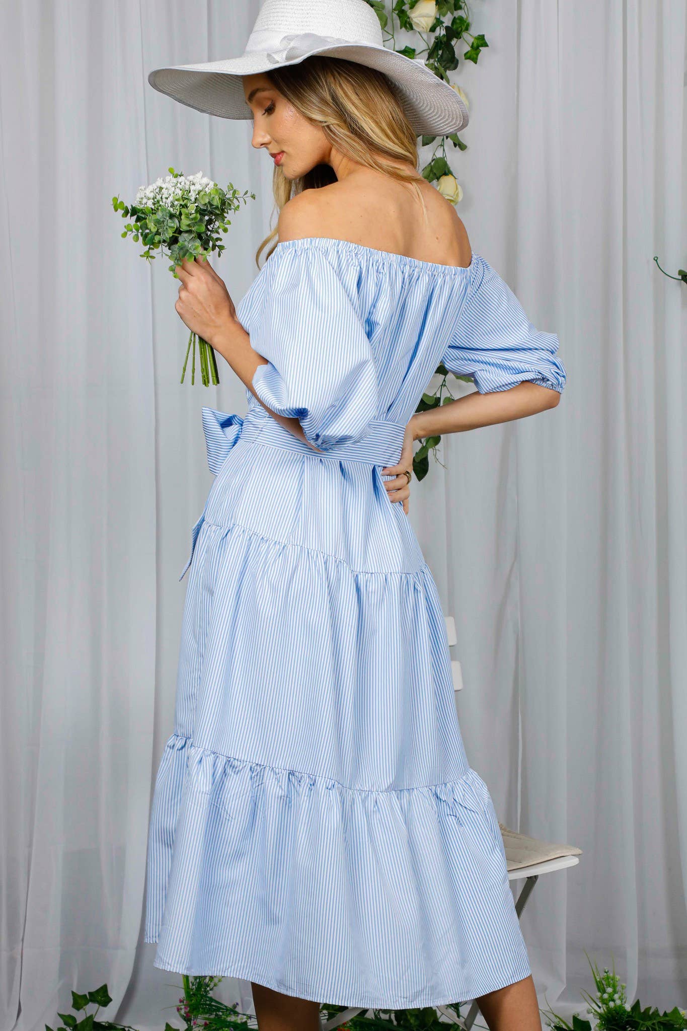 Vine & Love – wholesale Dress – Women's – Off-The-Shoulder Tie Waistband Tiered Striped Dress  VD7029624