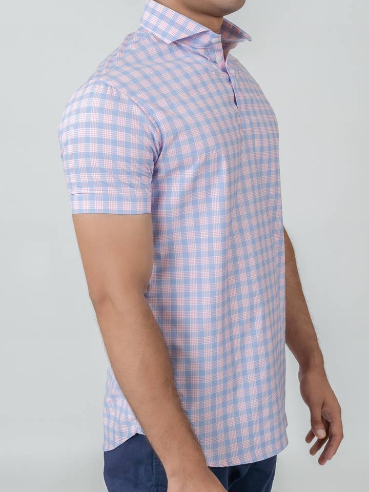 Wrinkle-Free Soft Pink and Blue Performance Ultra-Stretch Tartan Polo Shirt for wholesale by BRISK