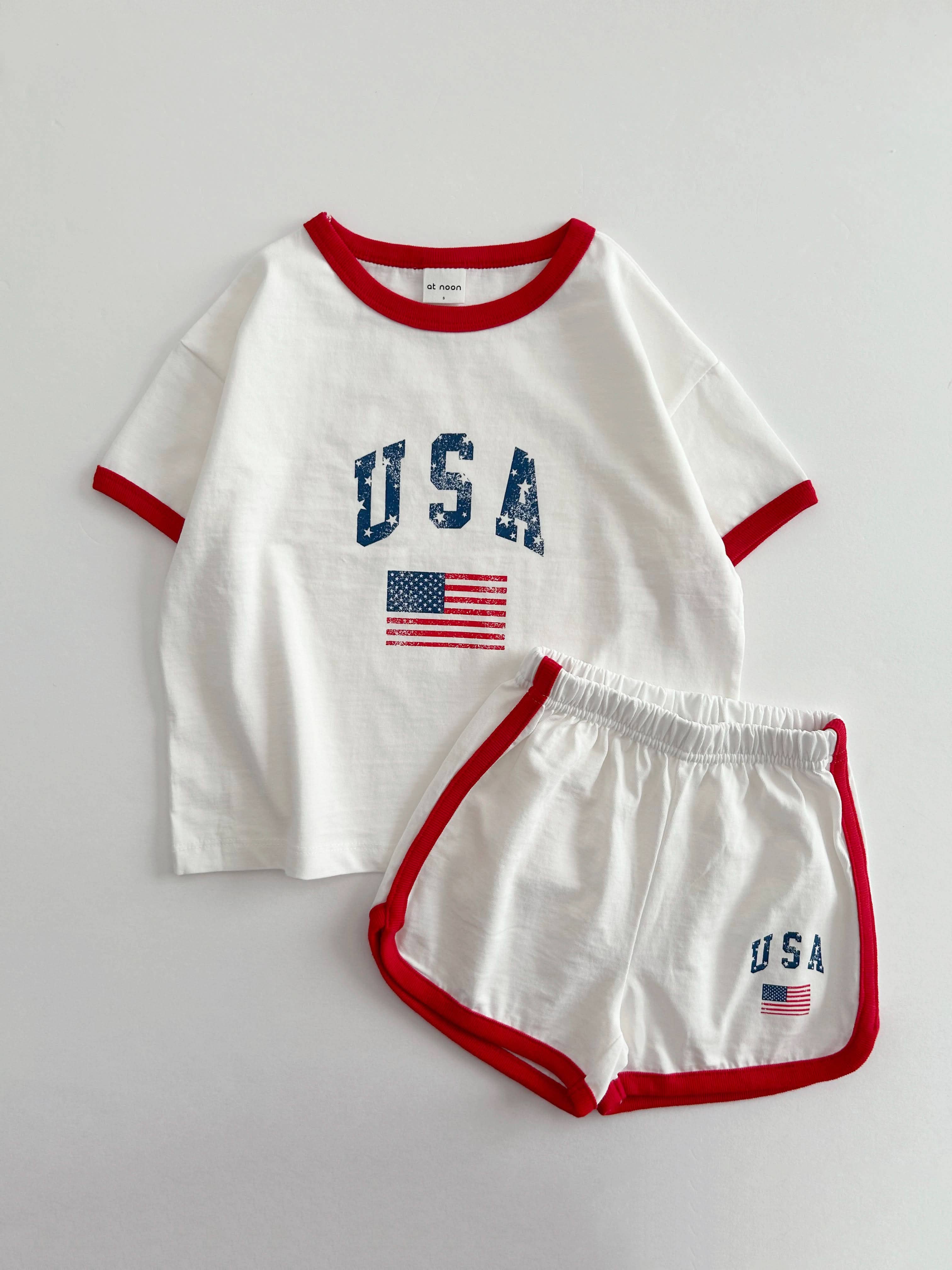 At Noon - Wholesale Top en short set - Kinderen - [At Noon Original Design] Kinderen Vintage Print USA Ringer T-shirt en Shorts Set (8m-7j) - 3 Kleuren0