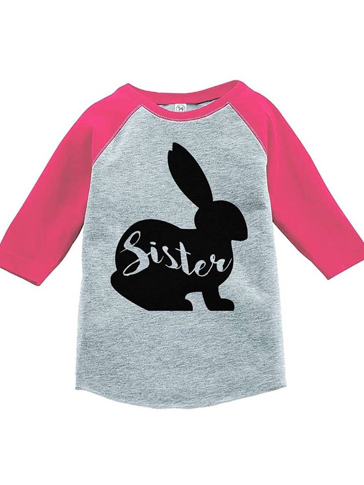 7 ate 9 Apparel Baby Girls Sister Bunny Happy Easter Pink Raglan for wholesale by 7 ate 9 Apparel