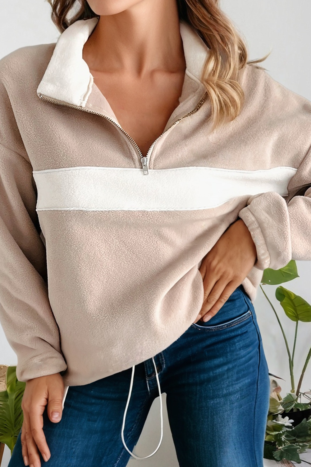 Beige Fleece Patchwork Zipped Neck Pullover Sweatshirt (S-XL) for wholesale on Faire1