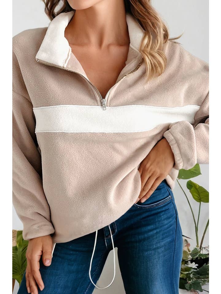 Beige Fleece Patchwork Zipped Neck Pullover Sweatshirt (S-XL) for wholesale on Faire1