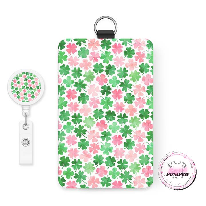 Pink/Green Clover Retractable Badge Reel & I.D. Badge Holder for wholesale by Beyond Pumped