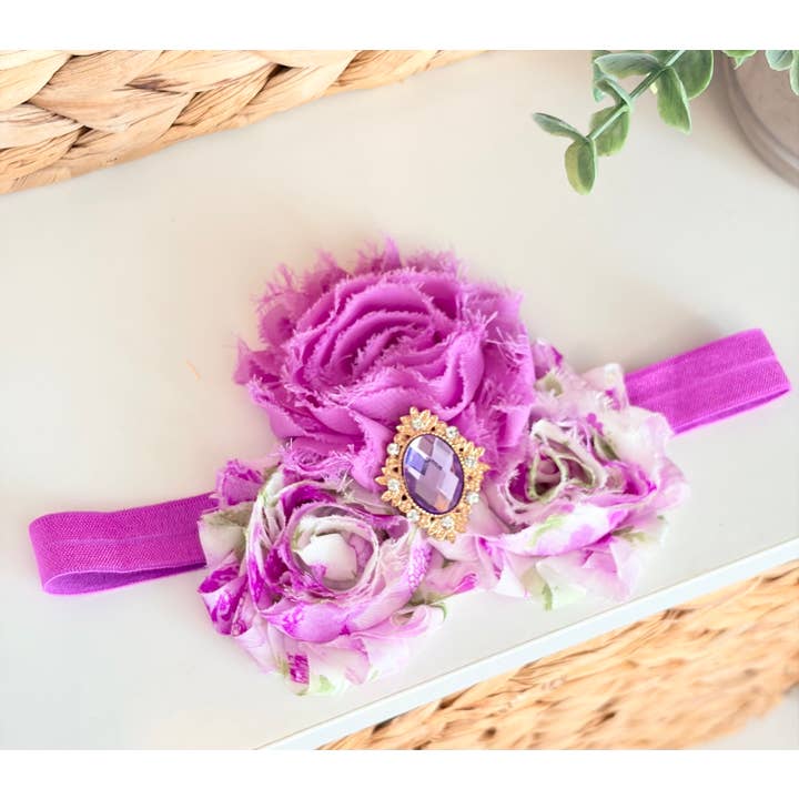 Fascia per capelli viola per neonati, fascia per capelli floreale shabby chic per la vendita all'ingrosso da parte di Jazy and Eve