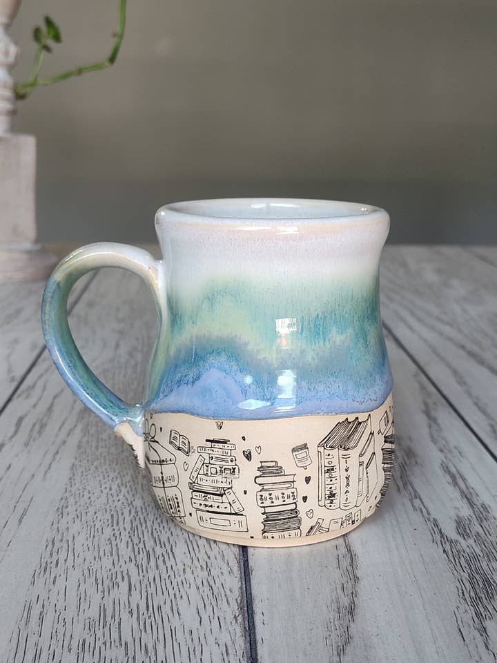 Book Coffee Mug Green Accents– Handmade Ceramics (12-16 oz) for wholesale by Rise and Design Art Studio