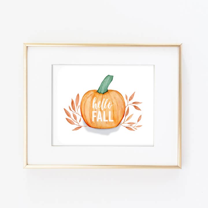 Stampa artistica acquerello zucca Hello Fall per la vendita all'ingrosso da parte di Slate + Brush Design Studio