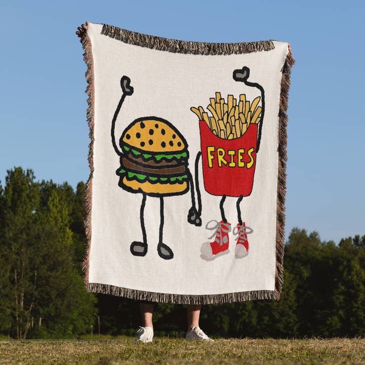 3dRose - Wholesale Throw Blanket - 3dRose, Funny Cute Hamburger and French Fries Cartoon Characters, Blanket1