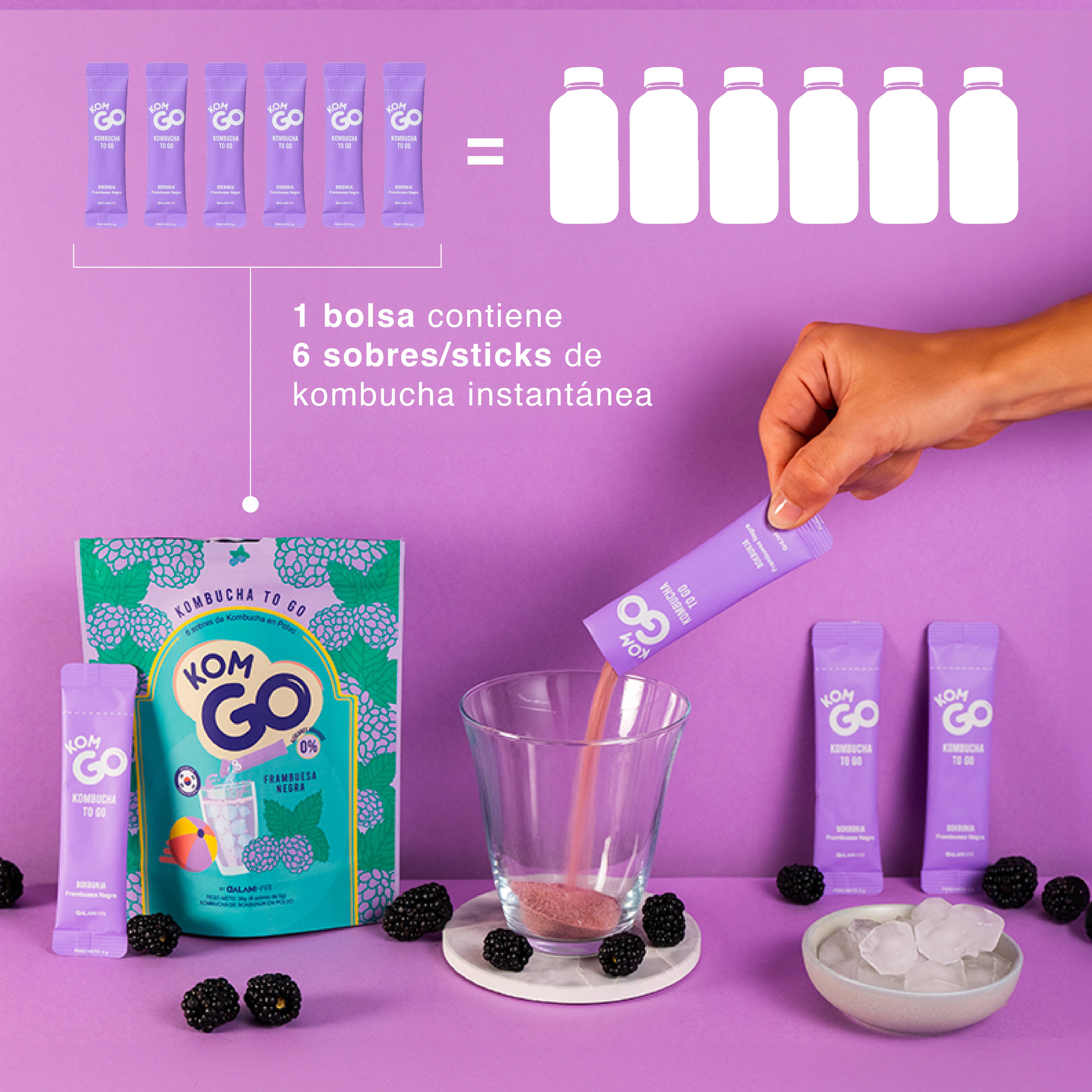 Komgo - Wholesale Kombucha - Doypack with 6 Kombucha Powder Sticks - Black Raspberry7