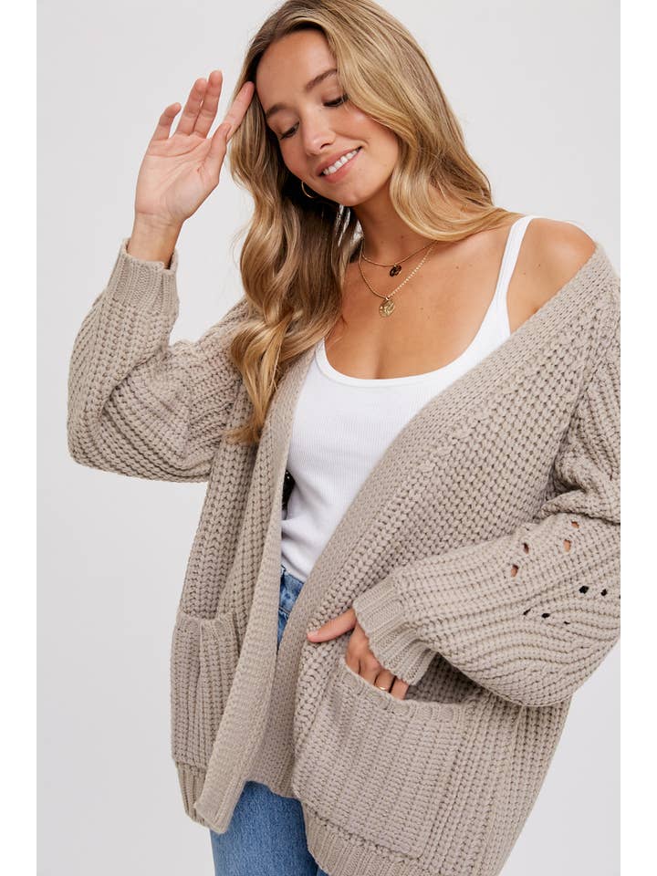 Bluivy - Wholesale Cardigan - Women's - CHUNKY POINTELLE OPEN FRONT CARDIGAN
