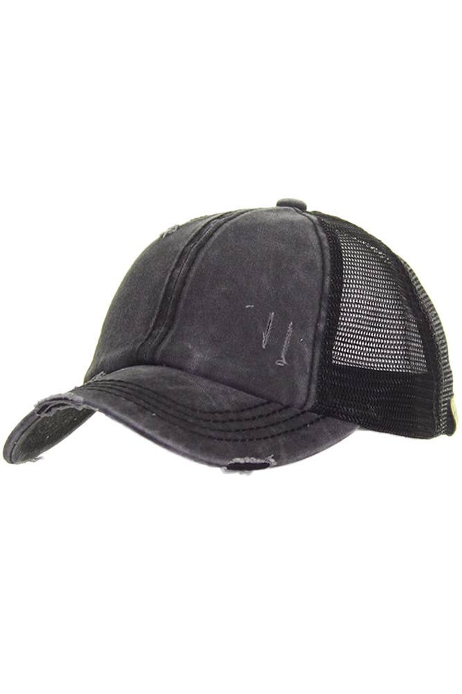 Hana - Wholesale Ponytail Cap - Women's - CC Distressed Ponytail Messy Bun Cap1