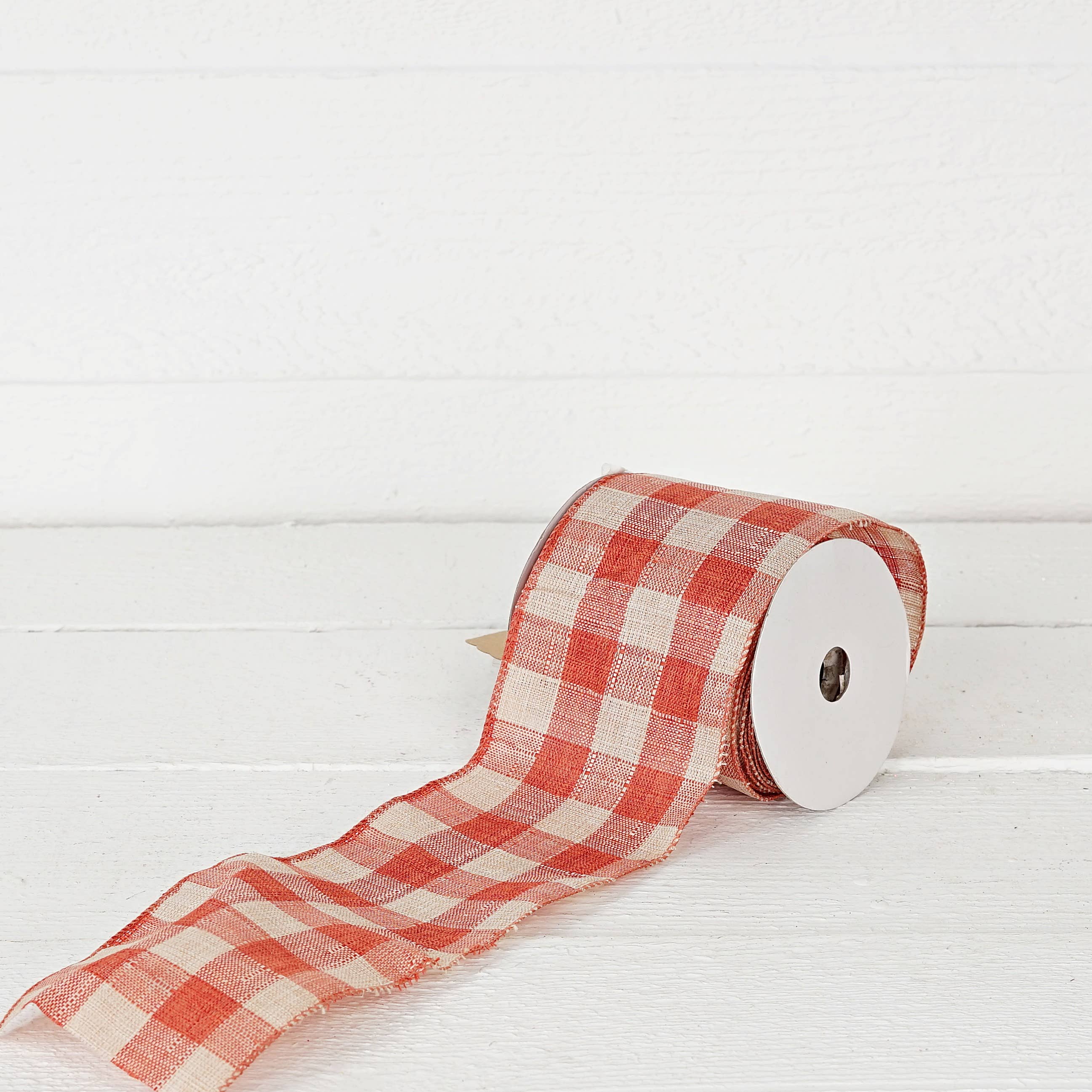 Holiday Depot Inc. - Wholesale Ribbon - Gift Wrapping - R32950-Wired Ribbon-Fabric-Orange/Cream Gingham (4inW)5