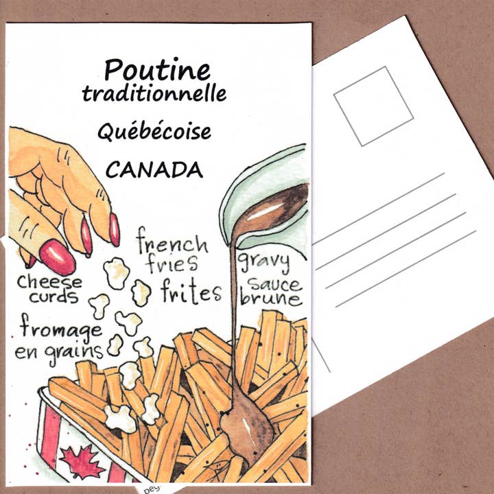 Carte postale de poutine dessinée à la main, carte d'art souvenir de poutine pour la vente par Pegmeisterart