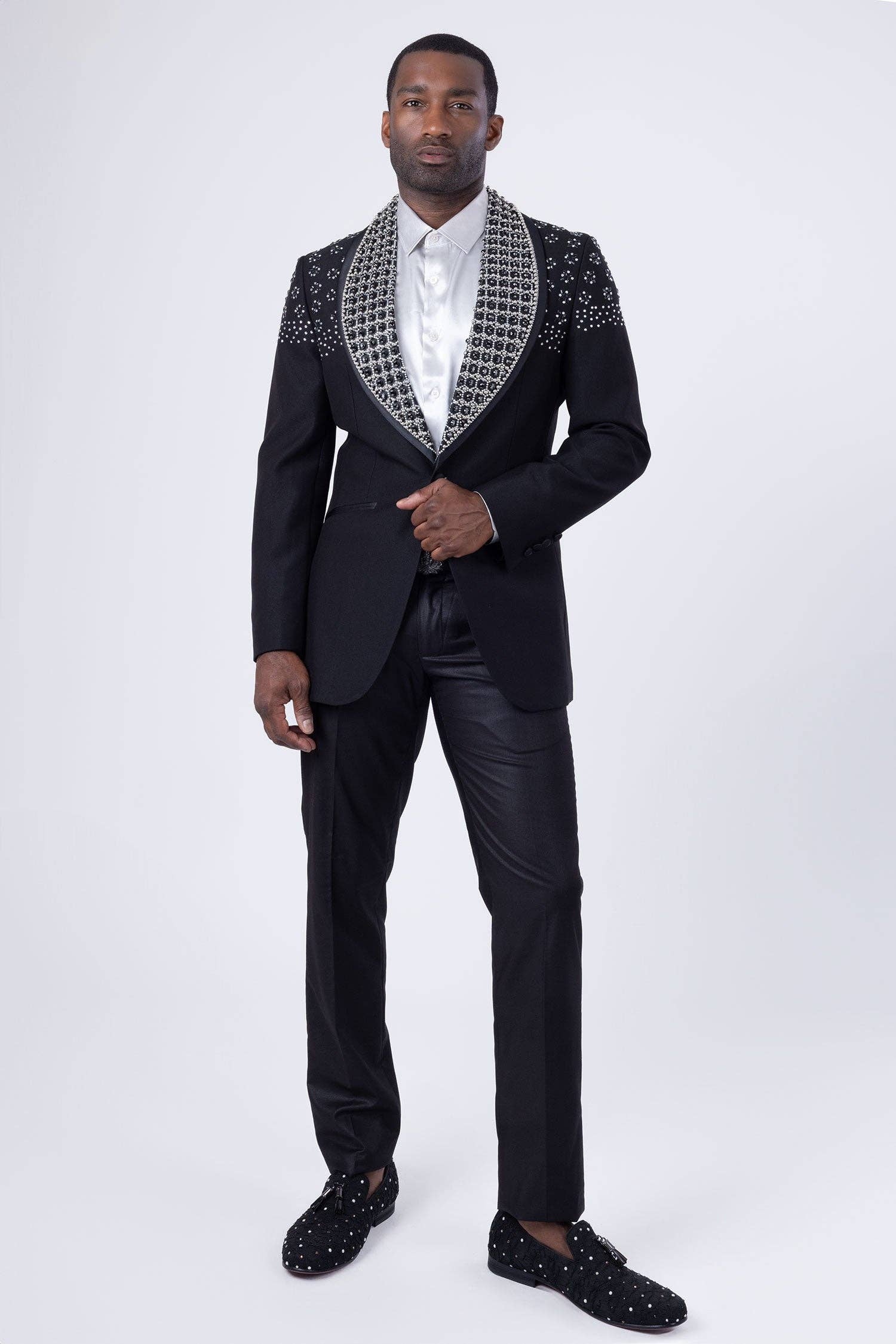 BARABAS - Wholesale Blazer - Men's - Men's Floral Rhinestone Shawl Lapel Blazer 4EBL469