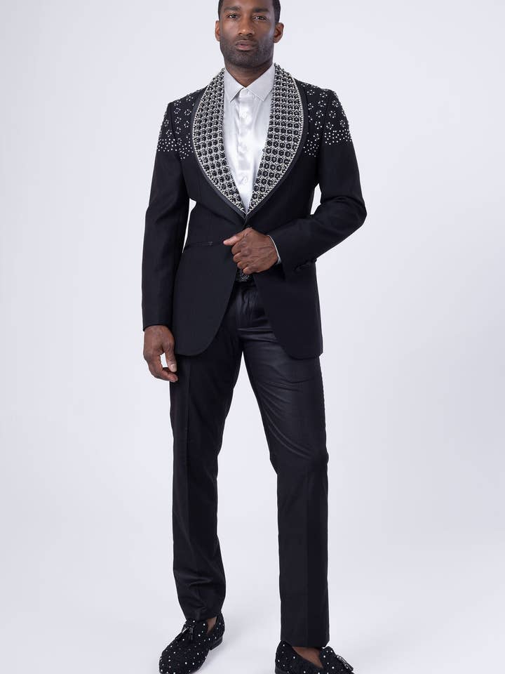 BARABAS - Wholesale Blazer - Men's - Men's Floral Rhinestone Shawl Lapel Blazer 4EBL469