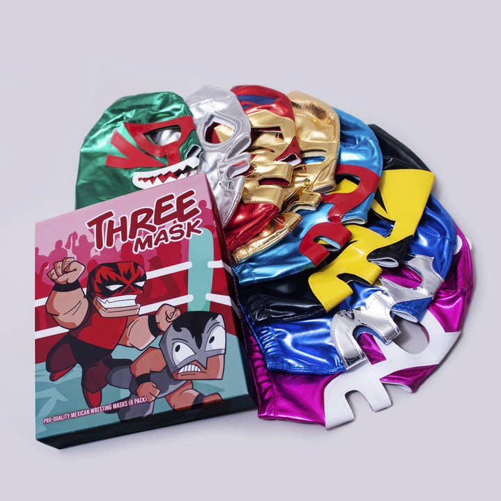 Three Mask - Wholesale Costume - Unisex - Lucha Libre Party Pack| 8x Mexican Luchador Wrestling Masks | Santo, Ramses, Tiburon, Dr. Wagner, Blue Demon, Nacho Libre, Espanto, Huracan Ramirez | Adult Pro-Fit