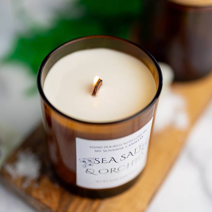 MySunshineCandless - Wholesale Jar/filled candle - Sea Salt & Orchid Beautiful Amber Jar Candle Wooden Wick/With All Natural 100% Soy Wax /Cozy Amber Jar 12oz , 10oz , 7oz1