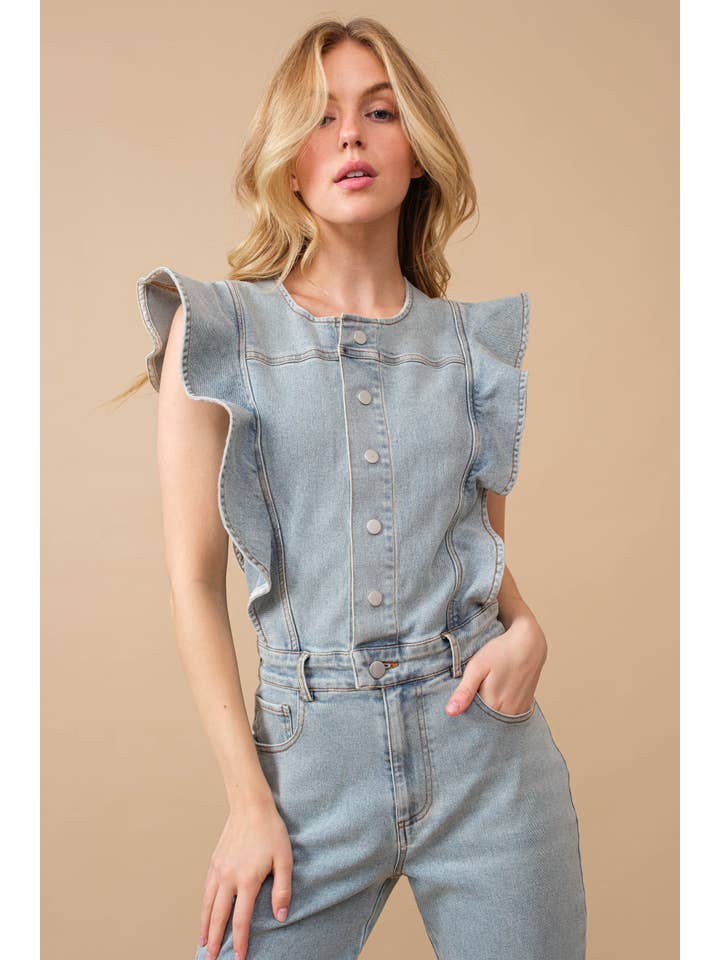 Blue B - Wholesale Jumpsuit - Women's - 22646R - Ruffle SLV Button Up Bell Bottom Denim Jumpsuit