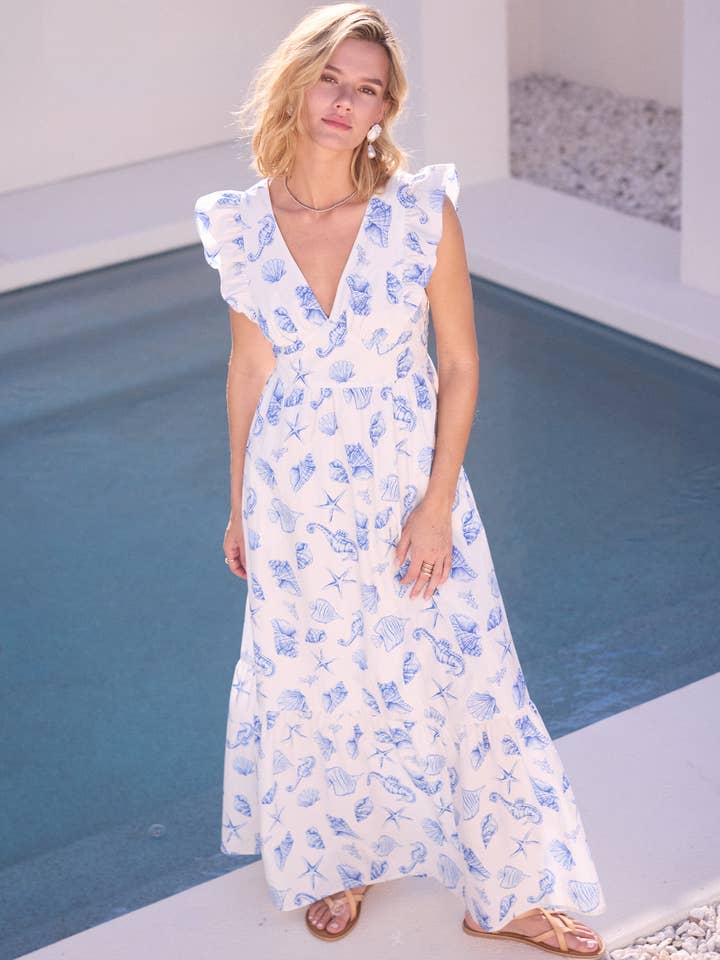 Abito lungo con maniche a volant e stampa di conchiglie per la vendita all'ingrosso da parte di SKIES ARE BLUE