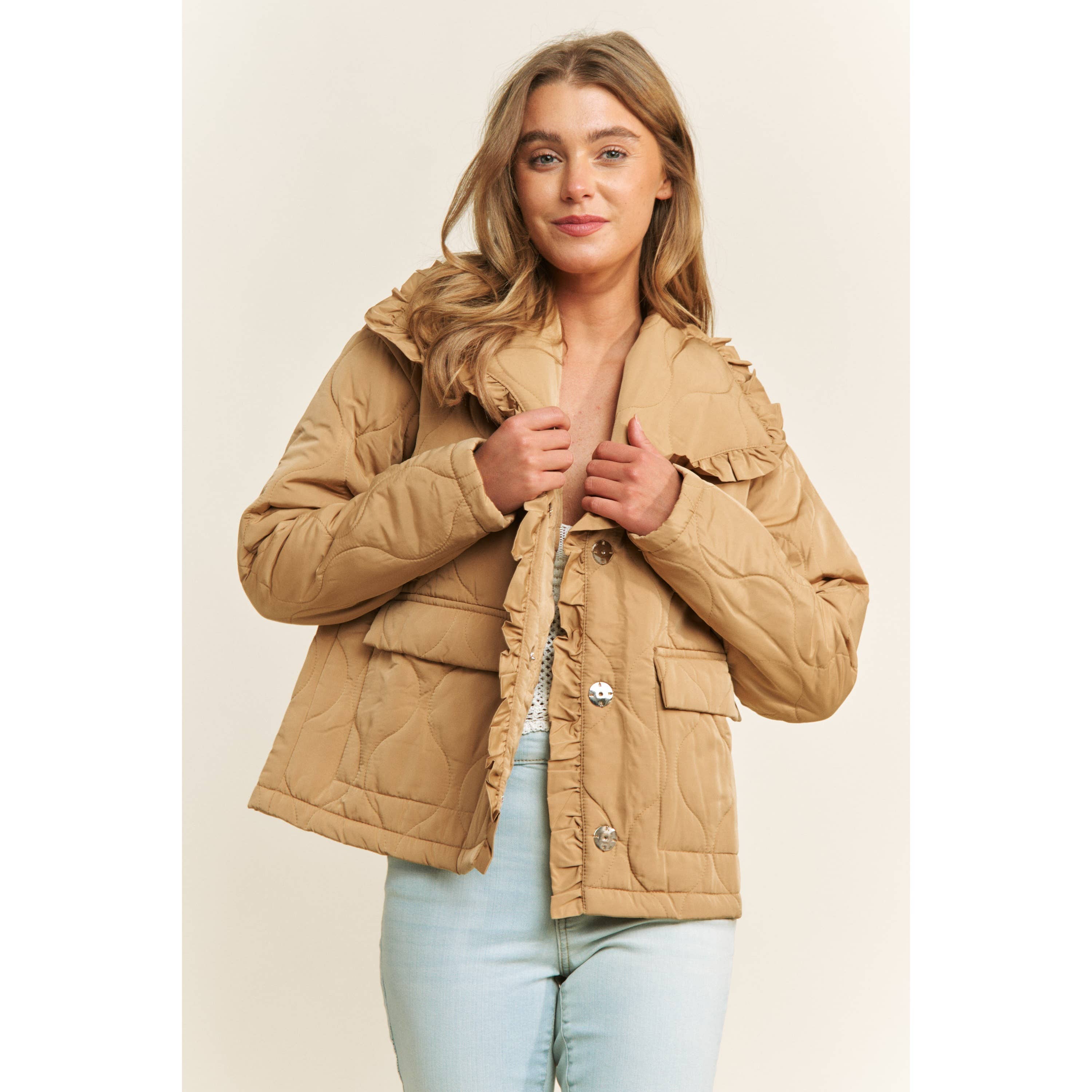 Sweet Generis - Wholesale Jacket - Women's - RUFFLE EDGE DETAIL QUILTED LOOSE FIT JACKET1