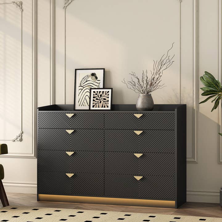 39F Inc. - Wholesale Cabinet - 8-Drawer Dresser with LED, Fluted Panel, Black