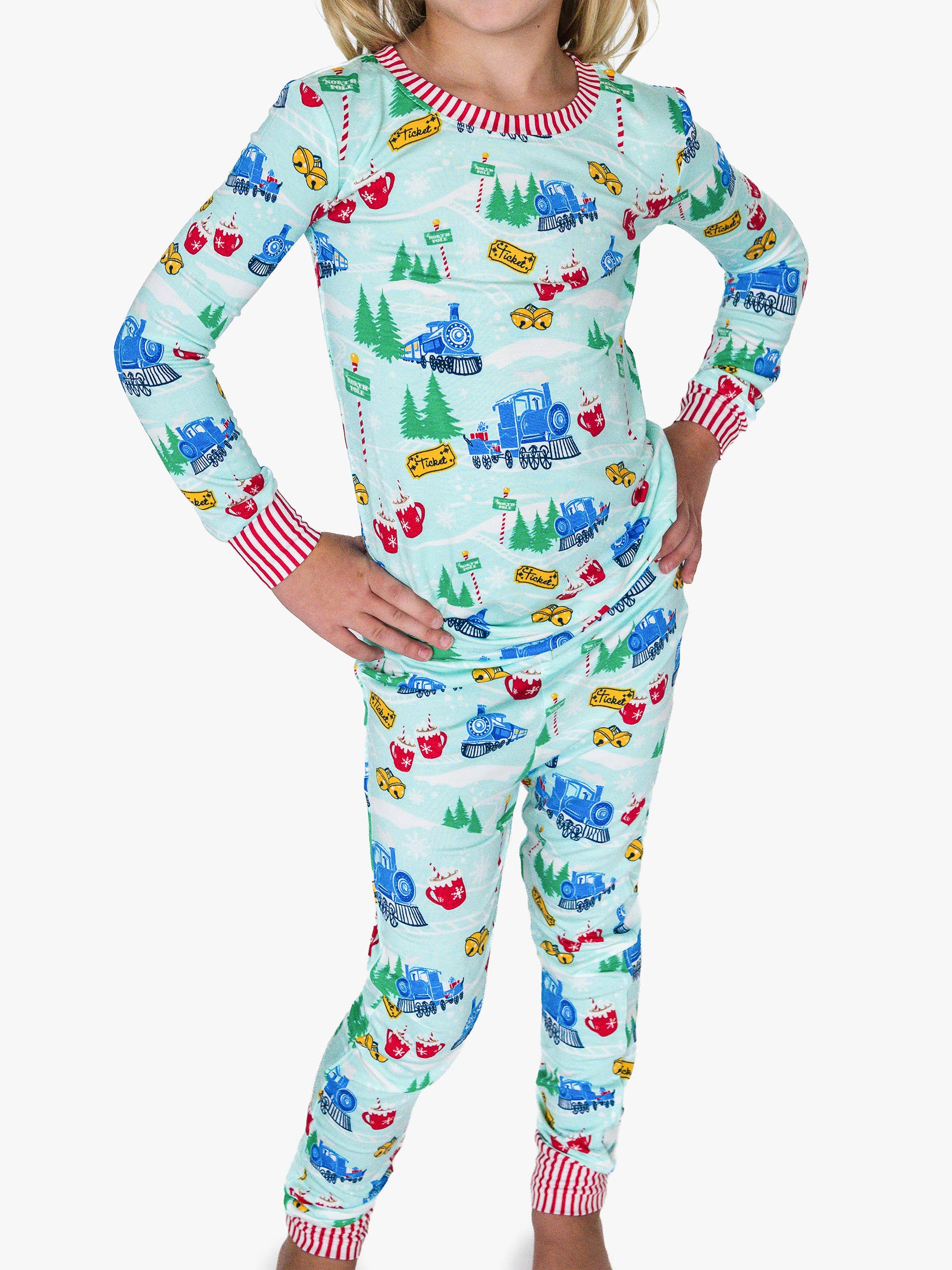 Blue SoftSnooze™ Kids Bamboo Viscose Snowy Train Tracks Long Sleeve Pajama Set for wholesale on Faire4