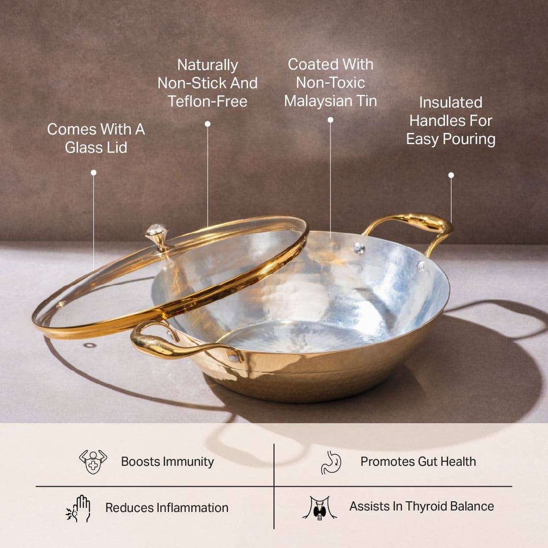 P-TAL - Wholesale Kookpot - Messing platte bodem wok met glazen deksel - Kadhai (Diepe & platte bodem kook-/serveergerei - karahi)3